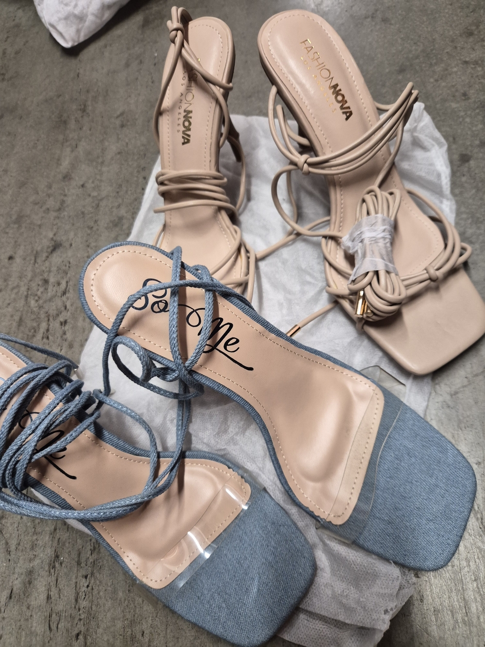 Fashion Nova Nude Wrap-Strap Heels & Light Blue Lace-Up Sandals